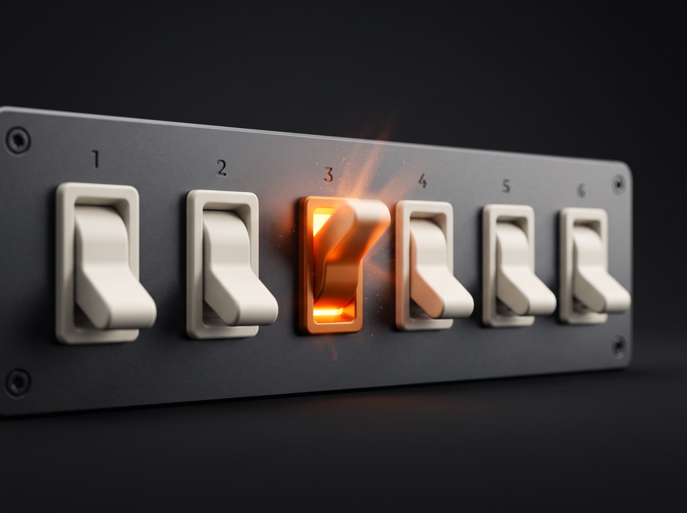 Abstract render of mechanical switches mid-motion with one toggle flipped and glowing