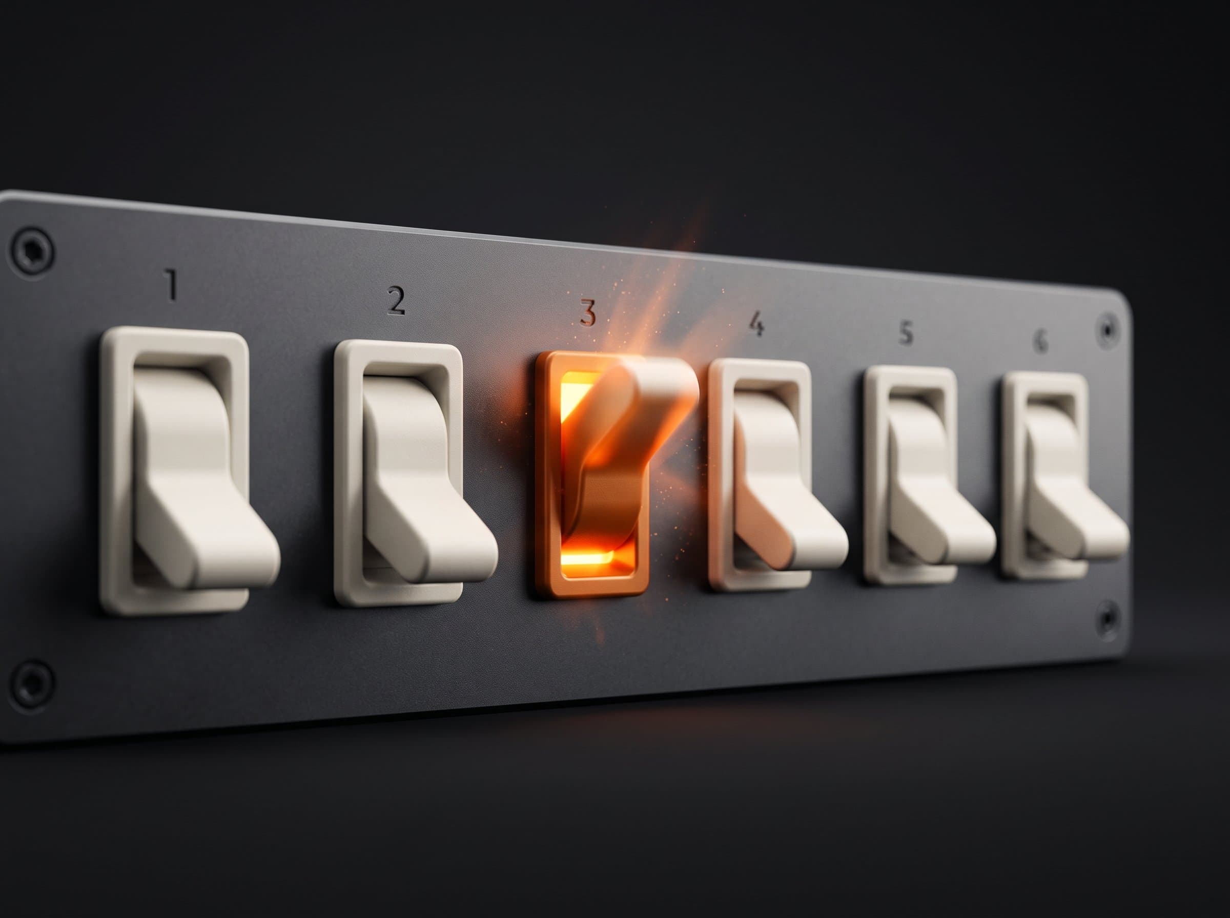 Abstract render of mechanical switches mid-motion with one toggle flipped and glowing
