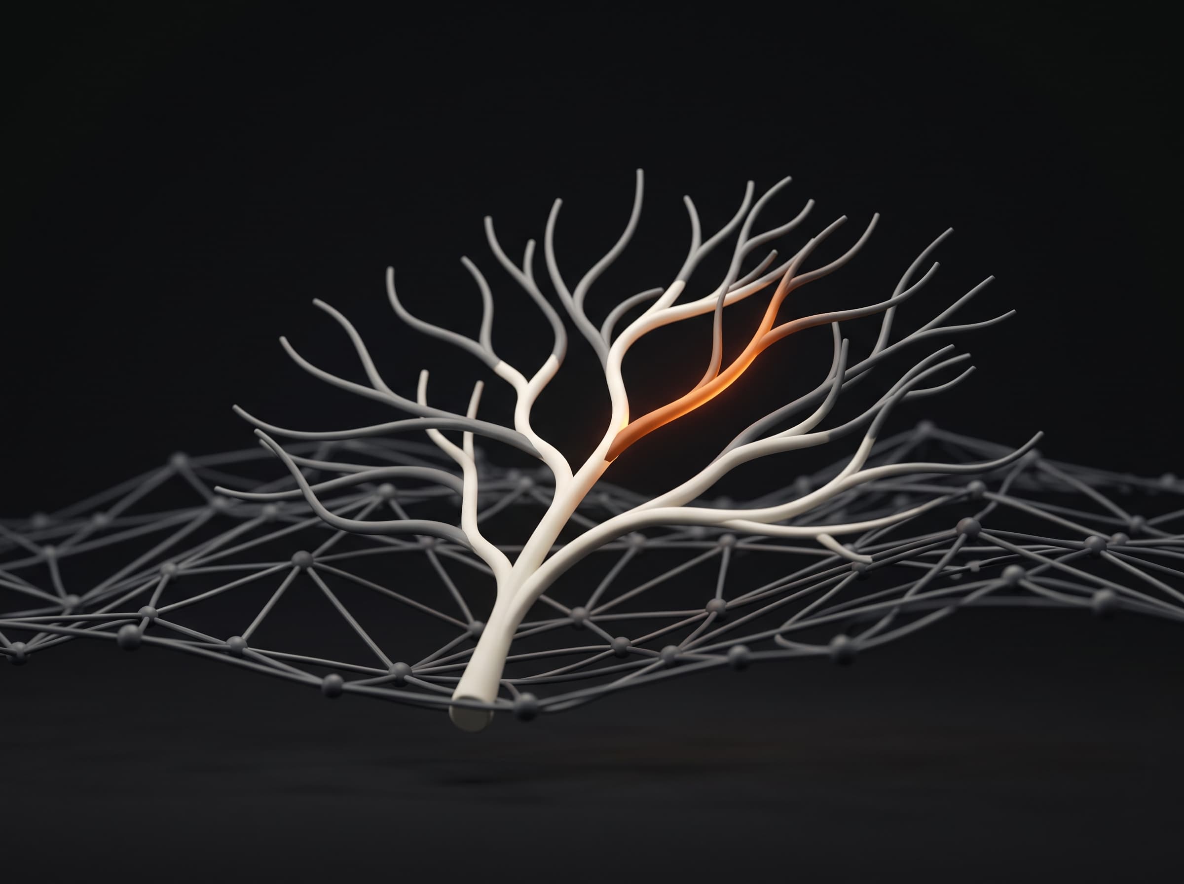 Abstract render of a branching decision tree over a neural lattice with one path lit