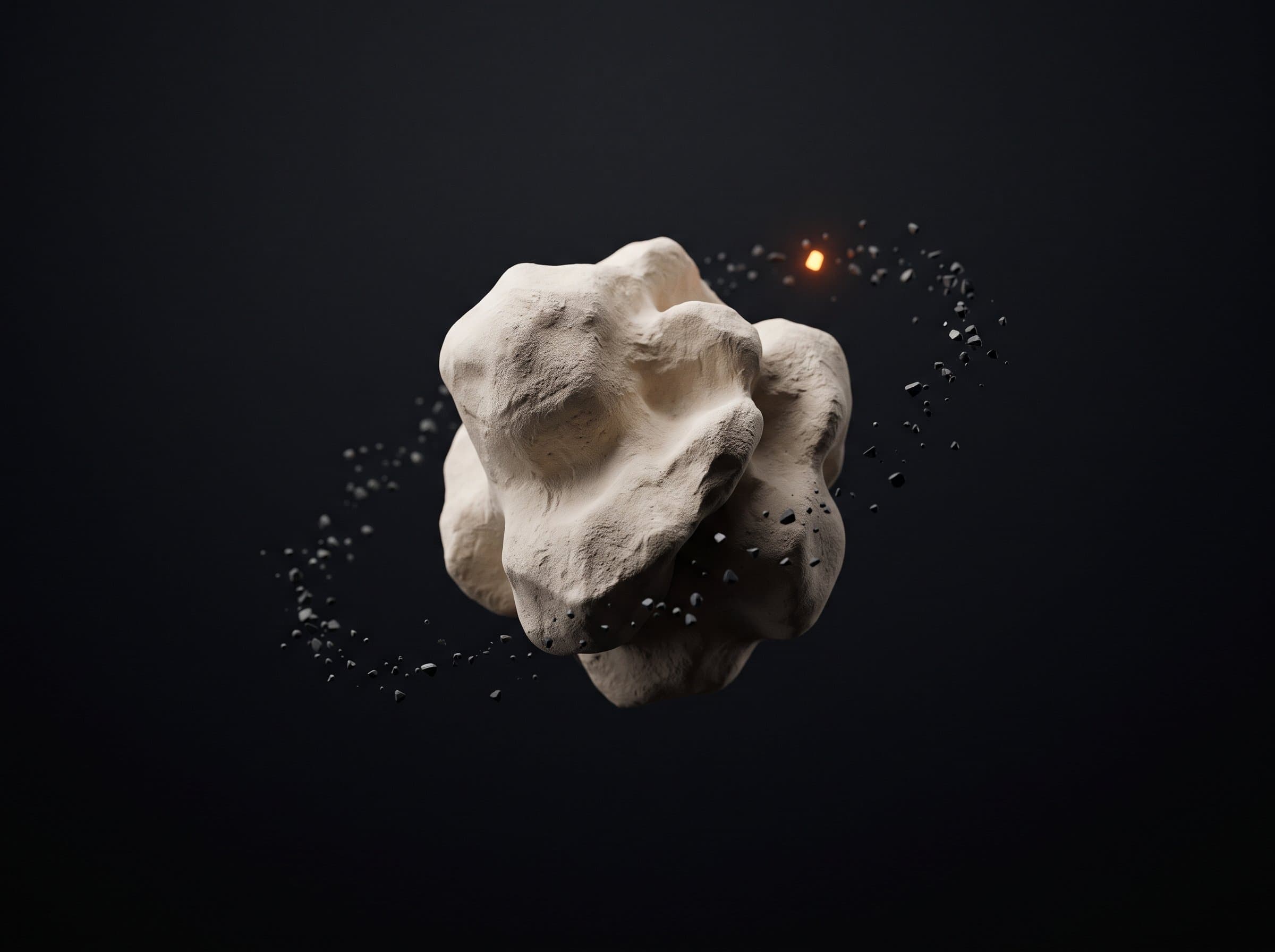 Abstract idea-stage visual with a rough ceramic fragment and orbiting particles