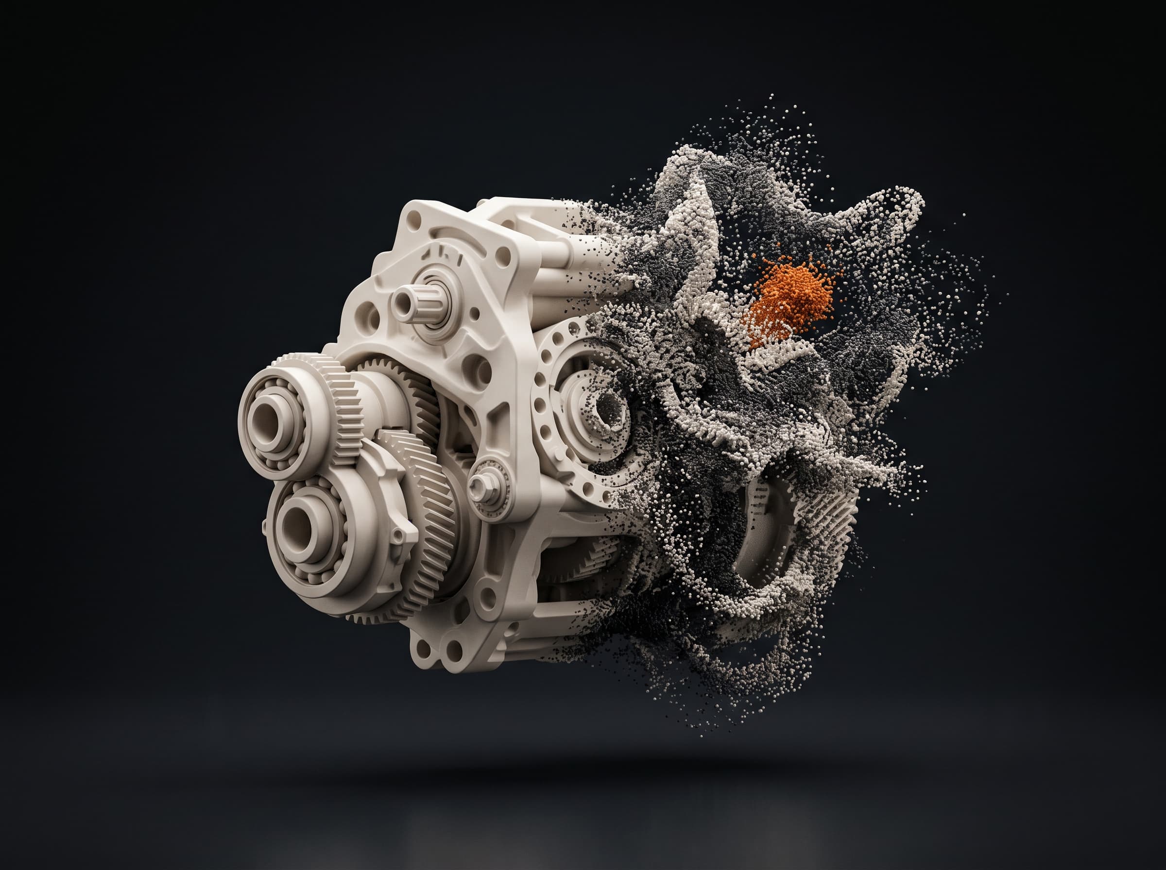 Generative CAD visual with a mechanical part forming from structured particles